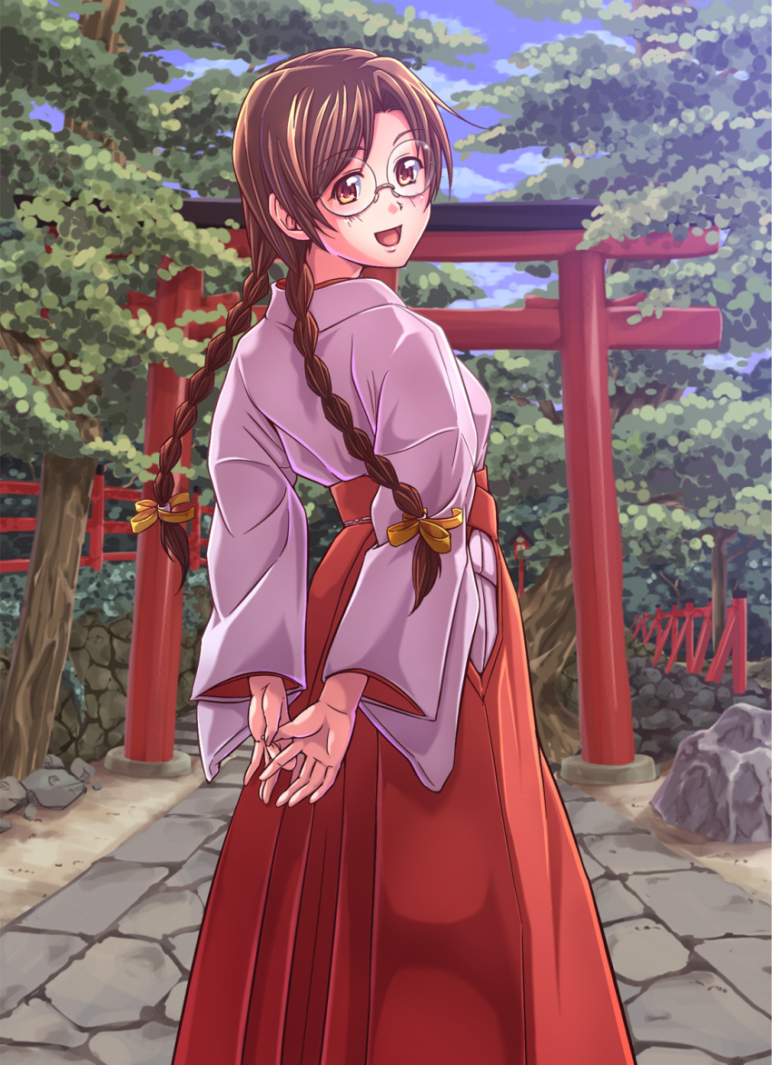 1girl, braid, brown_eyes, brown_hair, clala, e20, glasses, hair_ribbon