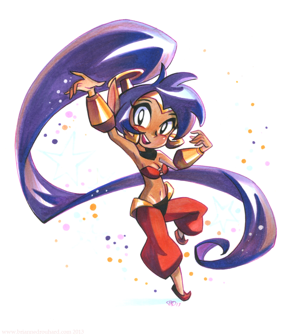 1girl, arabian_clothes, bandeau, blue_eyes, breasts, brianne_drouhard, choker, cleavage, dark_skin, earrings, harem_pants, hoop_earrings, jewelry, long_hair, midriff, navel, pointy_ears, pointy_shoes, ponytail, purple_hair, shantae, shantae:_half-genie_hero, shantae_(character), smile, solo, tiara, very_long_hair