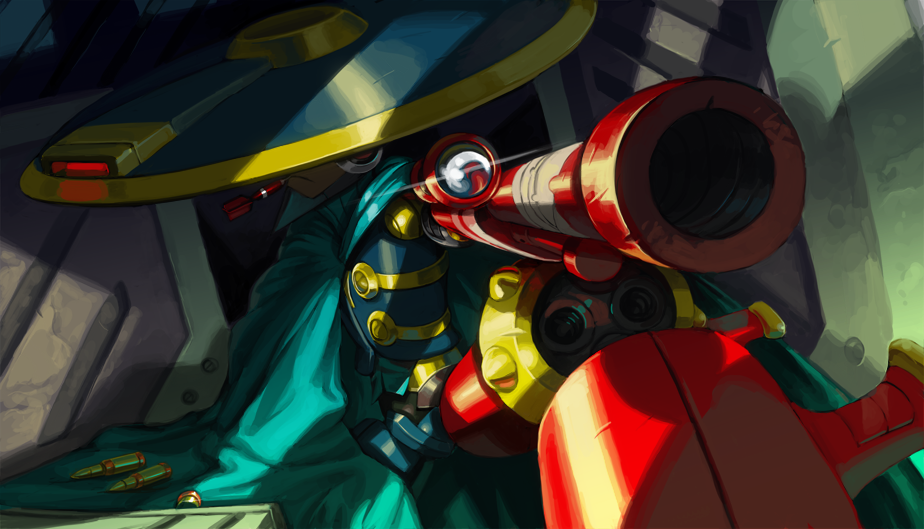 1boy, amputee, cape, concealed_weapon, dart, gun, hat_over_eyes, mighty_no._8