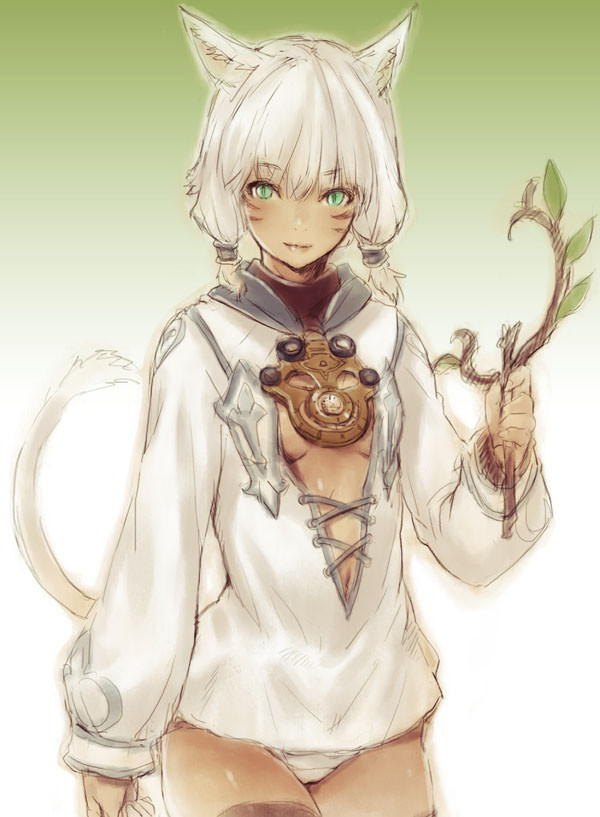 1girl, animal_ears, cat_ears, cat_tail, dark_skin, facial_mark, final_fantasy, final_fantasy_xiv, green_eyes, hair_tubes, kawata_hisashi, looking_at_viewer, miqo'te, panties, rough, short_hair, slit_pupils, small_breasts, smile, solo, tail, underwear, white_hair, white_panties, y'shtola