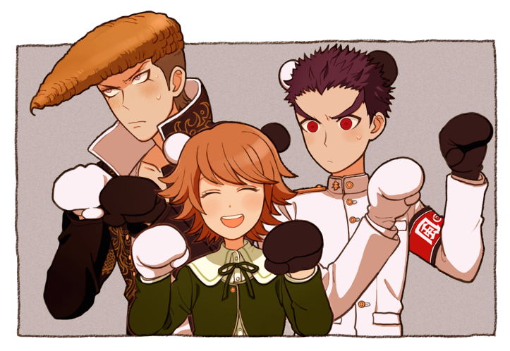 3boys, animal_ears, armband, black_hair, brown_hair, dangan_ronpa, fujisaki_chihiro, gloves