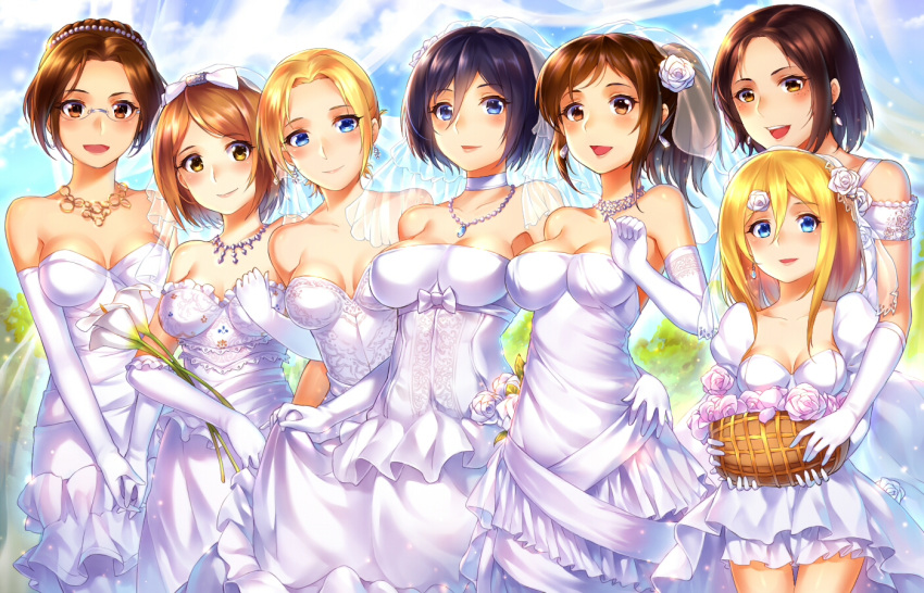 6+girls, annie_leonhardt, basket, black_hair, blonde_hair, blue_eyes, blush, breasts