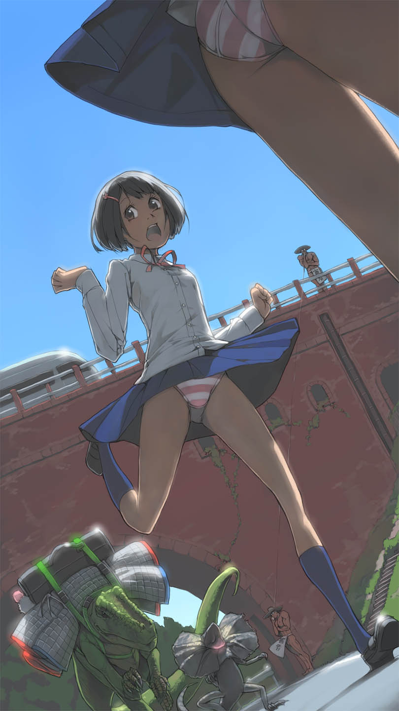 2boys, 2girls, akinbo_(hyouka_fuyou), bag, brown_hair, duffel_bag, fundoshi, highres, komodo_dragon, lizard, multiple_boys, multiple_girls, muscle, open_mouth, panties, phone, running, short_hair, skirt, sky, string_phone, striped, striped_panties, underwear