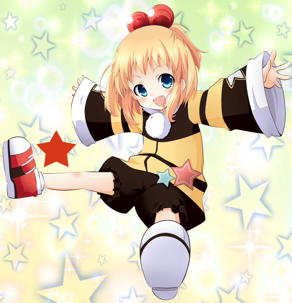 1girl, blonde_hair, blue_eyes, choujigen_game_neptune, fang, hair_ornament, kami_jigen_game_neptune_v, open_mouth, peashy, short_hair, solo, yoroiusagi