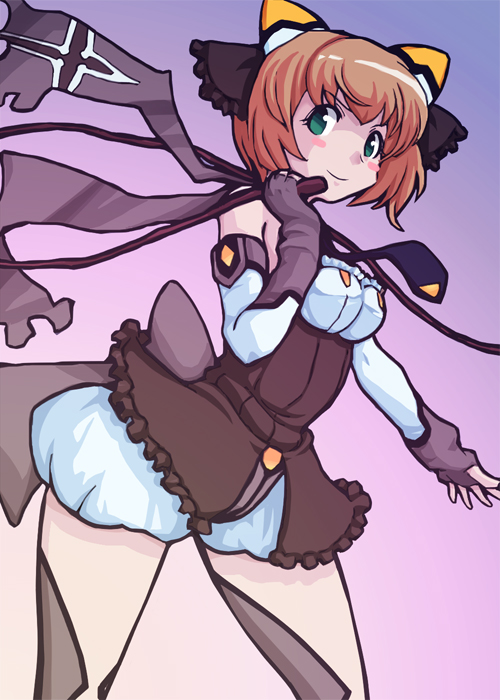 1girl, bloomers, blush, brown_hair, ebi_tendon, gloves, green_eyes, kokoro_belmont