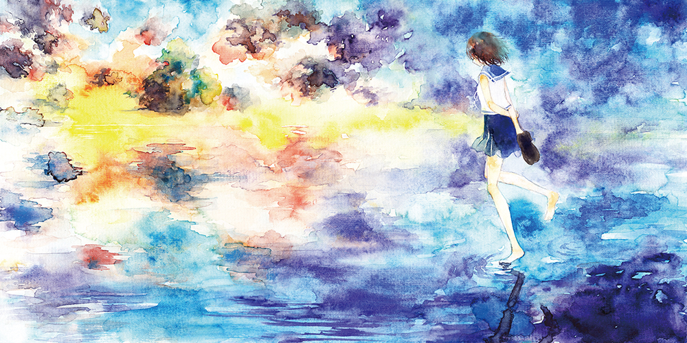 1girl, barefoot, brown_hair, cloudy_sky, colorful, holding, holding_shoes, moekon