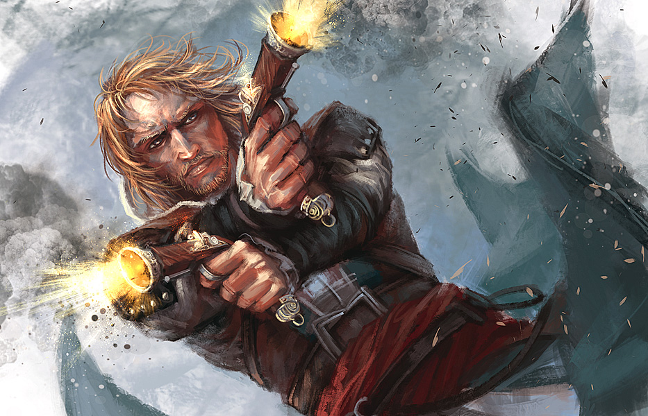 1boy, antique_firearm, assassin's_creed, assassin's_creed_iv:_black_flag, blonde_hair, dual_wielding, edward_kenway, flintlock