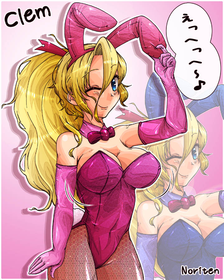 1girl, animal_ears, blonde_hair, blue_eyes, bowtie, bunny_tail, bunnysuit, detached_collar
