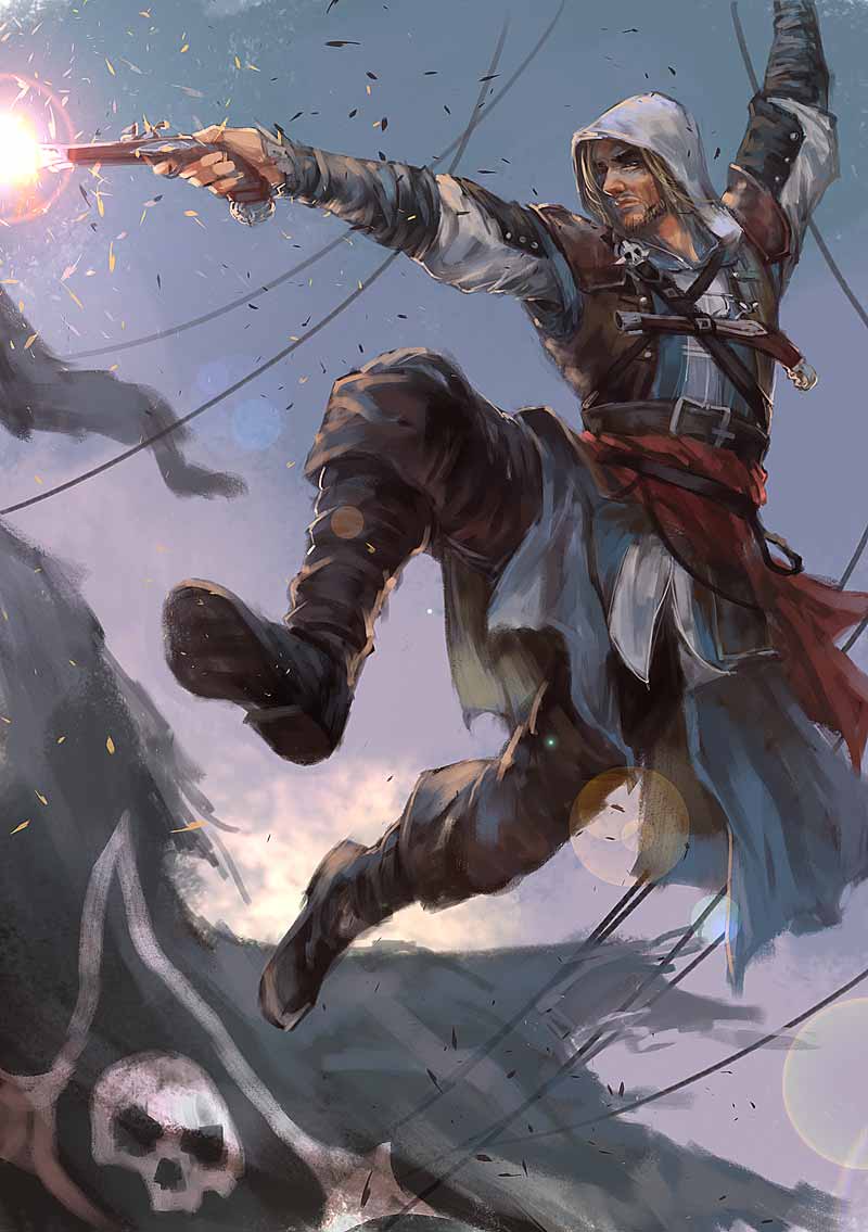 1boy, antique_firearm, assassin's_creed, assassin's_creed_iv:_black_flag, beard, blonde_hair, boots, edward_kenway