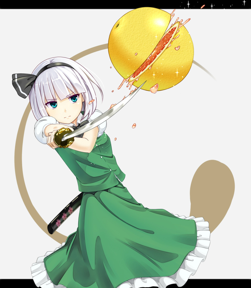 1girl, blue_eyes, cherry_blossoms, denkitori, dutch_angle, expressionless, grapefruit, grey_background
