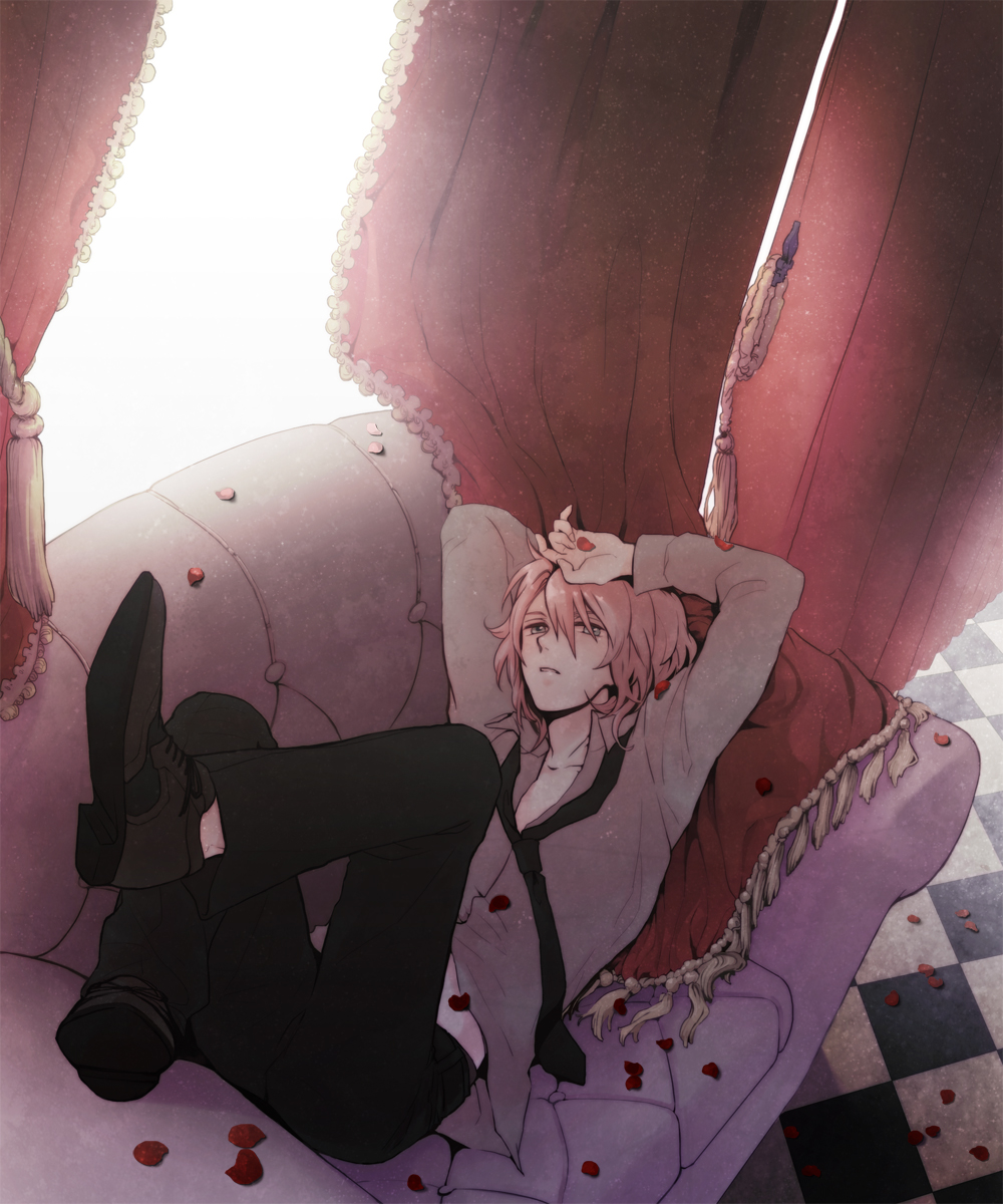 1boy, blonde_hair, checkered, checkered_floor, couch, highres, kagamine_len, looking_at_viewer