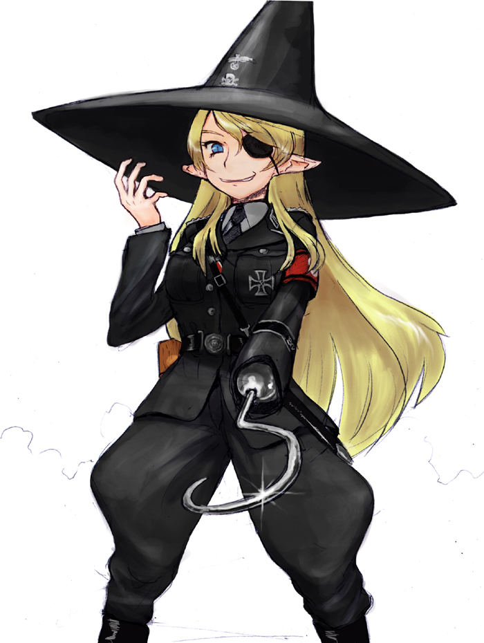 1girl, amputee, armband, blonde_hair, blue_eyes, boots, dicke_bertha, eyepatch