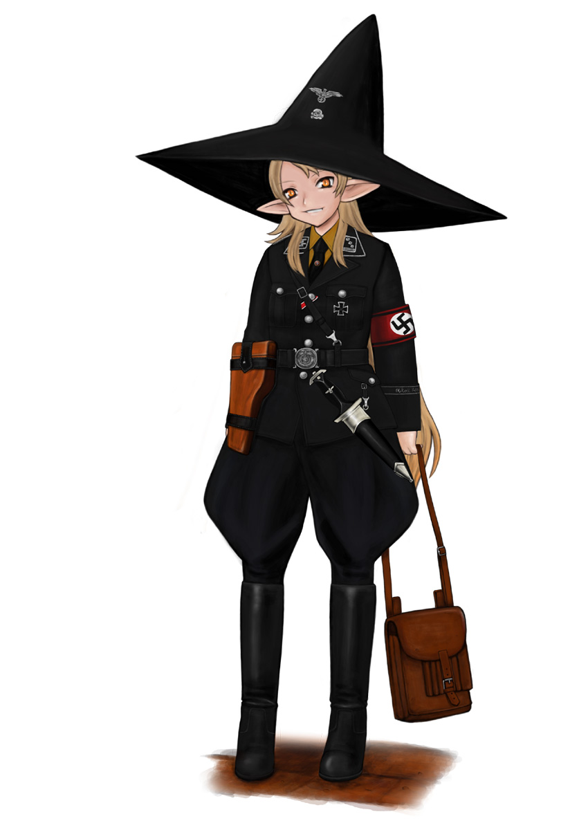 1girl, armband, bag, belt, belt_buckle, blonde_hair, boots, dagger