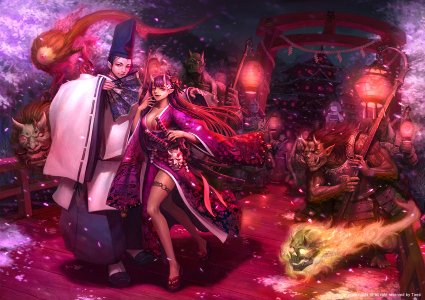 1boy, 1girl, armor, cherry_blossoms, demon, fan, female, gate
