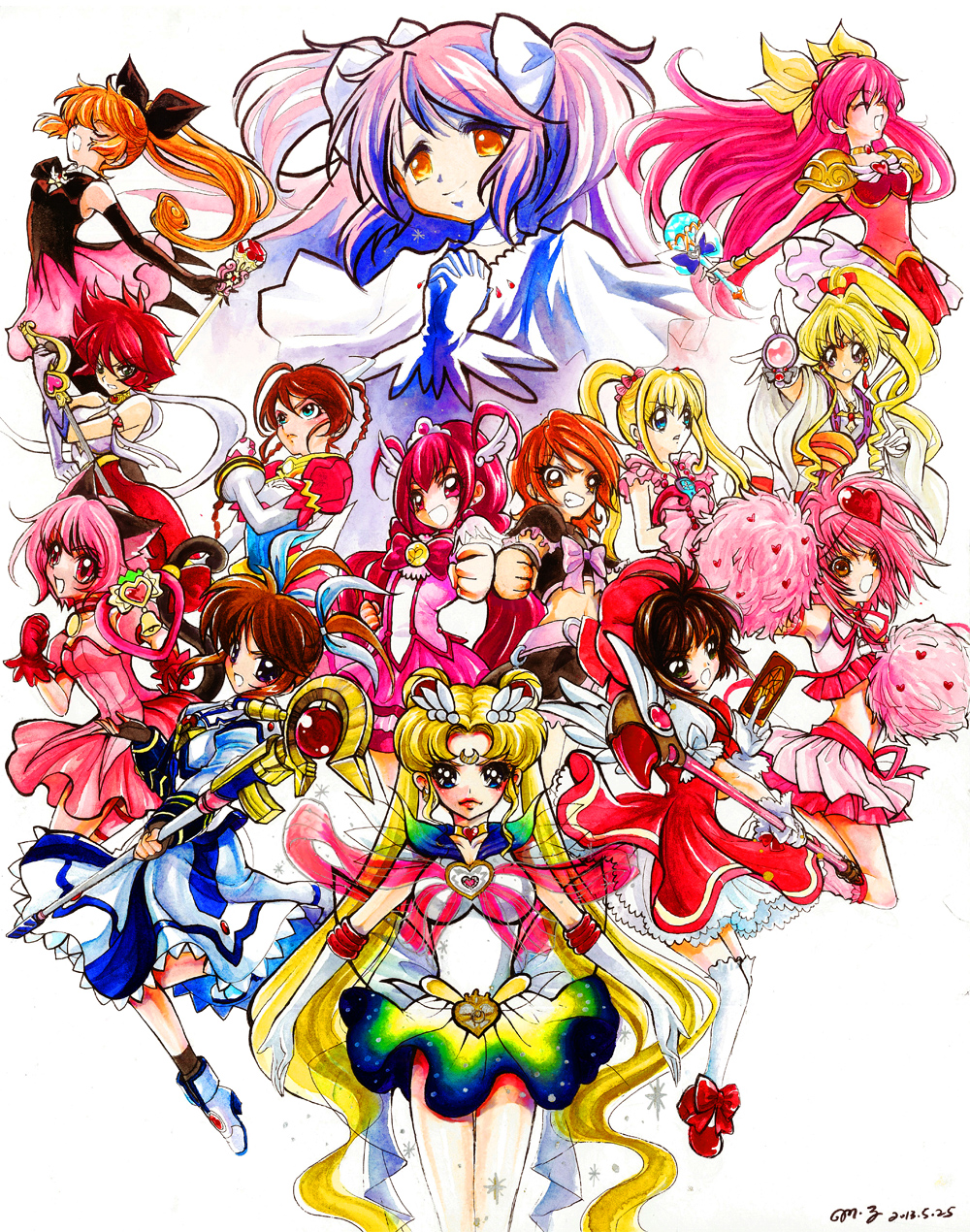 arika_yumemiya, bishoujo_senshi_sailor_moon, blonde_hair, blue_eyes, bow, brown_hair, cardcaptor_sakura, cure_black