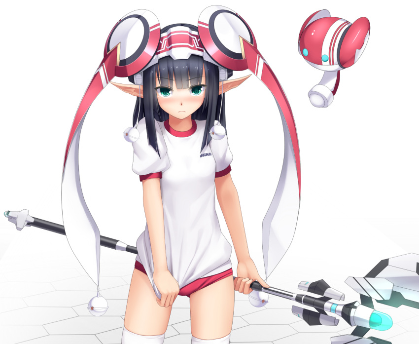 1girl, bangs, black_hair, blunt_bangs, blush, buruma, eto, green_eyes