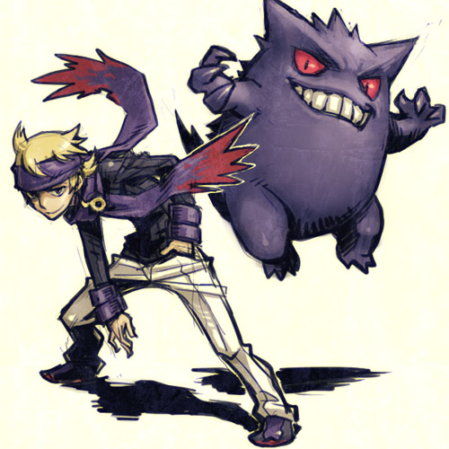 1boy, blonde_hair, gengar, gym_leader, hand_in_pocket, headband, lowres, matsuba_(pokemon)