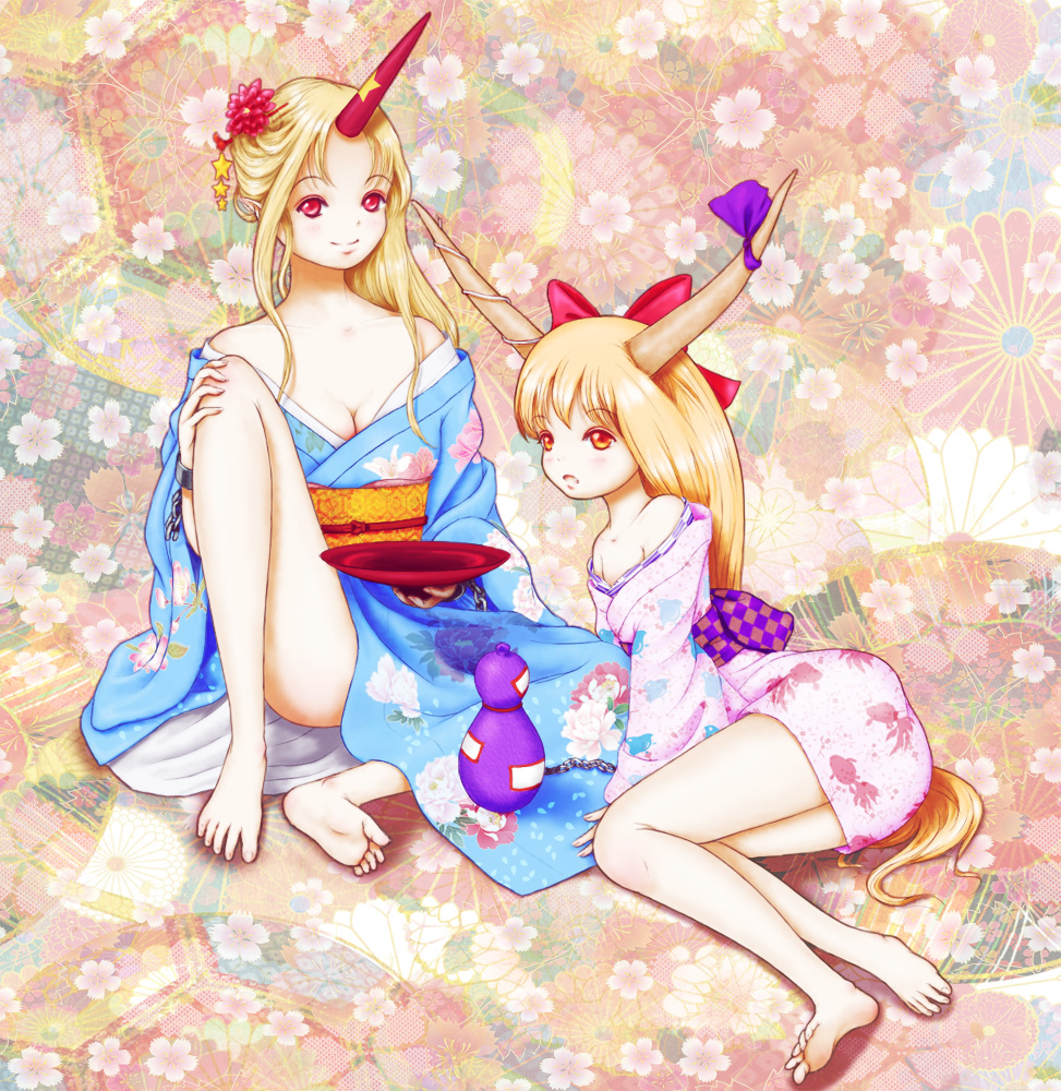 2girls, alcohol, alternate_hairstyle, bare_shoulders, barefoot, blonde_hair, bow, breasts
