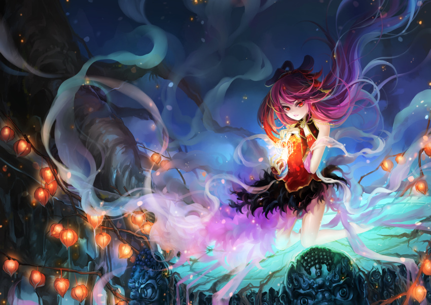 1girl, chinese_lantern, flower, highres, huazha01, kneeling, long_hair, looking_at_viewer