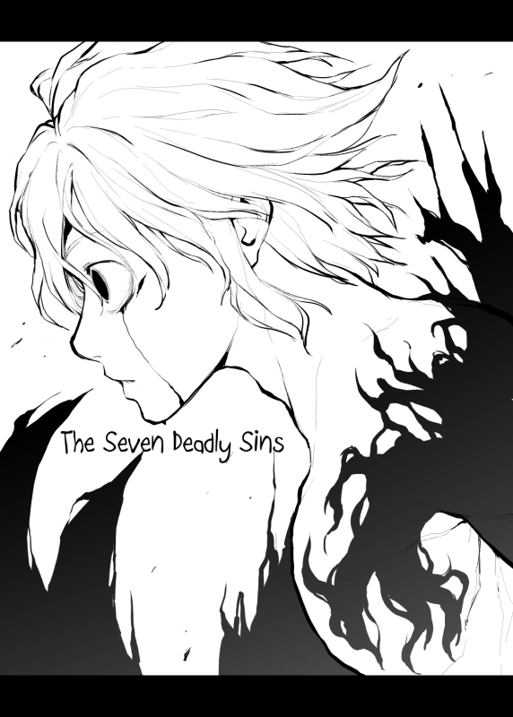 1boy, bare_shoulders, blood, bloody_tears, copyright_name, gamigamimissile, meliodas, monochrome