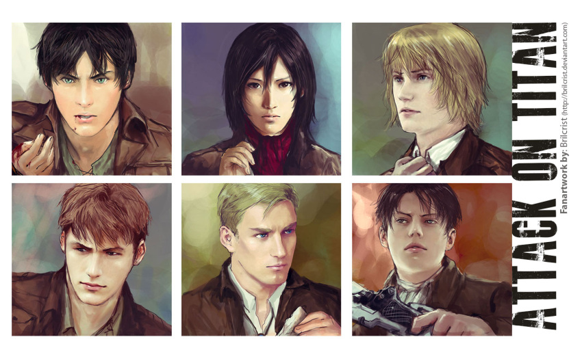 1girl, 5boys, armin_arlert, black_hair, blonde_hair, blood, blue_eyes, brilcrist, brown_eyes, brown_hair, eren_jaeger, erwin_smith, green_eyes, jean_kirchstein, levi_(shingeki_no_kyojin), mikasa_ackerman, multiple_boys, portrait, realistic, shingeki_no_kyojin