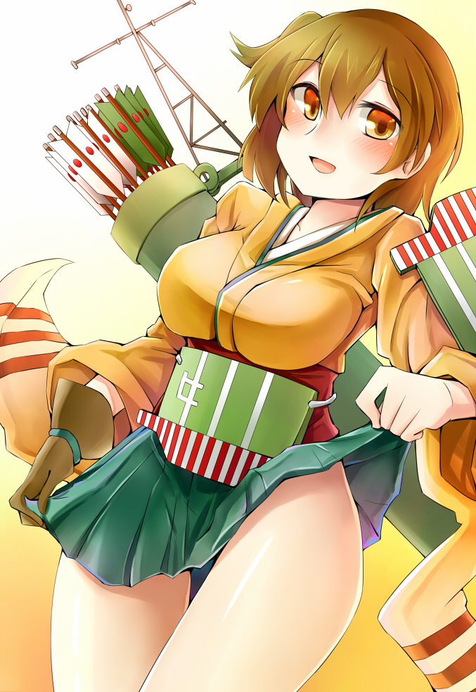1girl, arrow, blush, bow_(weapon), breasts, brown_eyes, brown_hair, hiryuu_(kantai_collection)