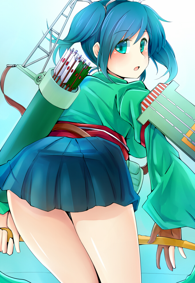 1girl, arrow, ass, blue_hair, blush, bow_(weapon), breasts, from_behind