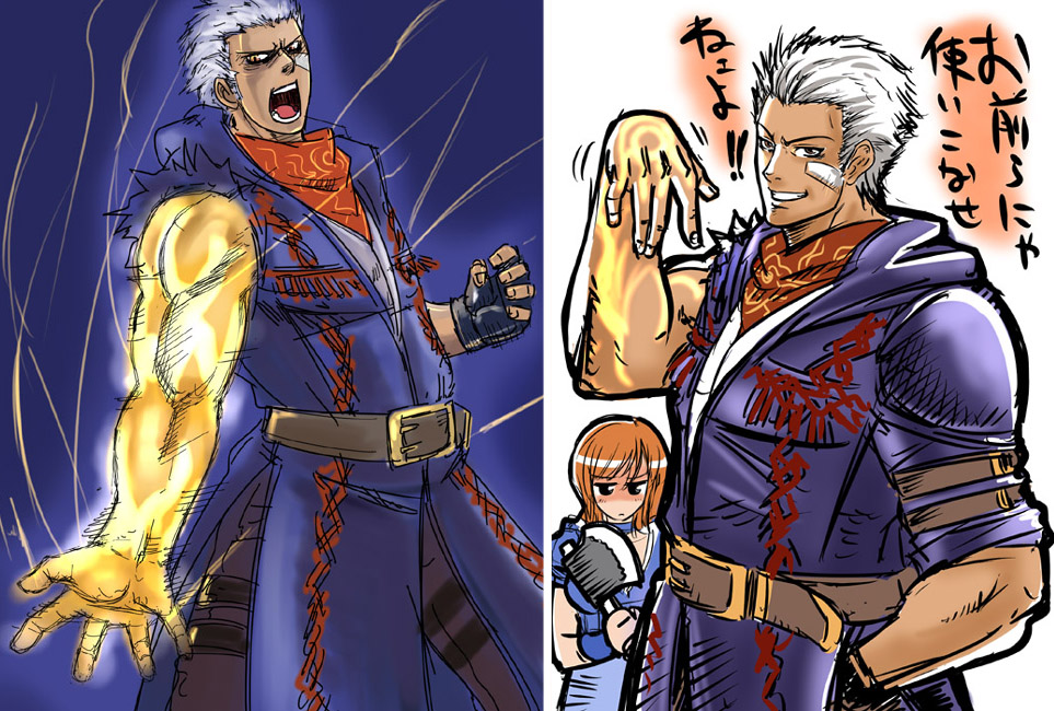 axe, bandage, belt, capcom, gene, god_hand, grey_eyes, long_hair