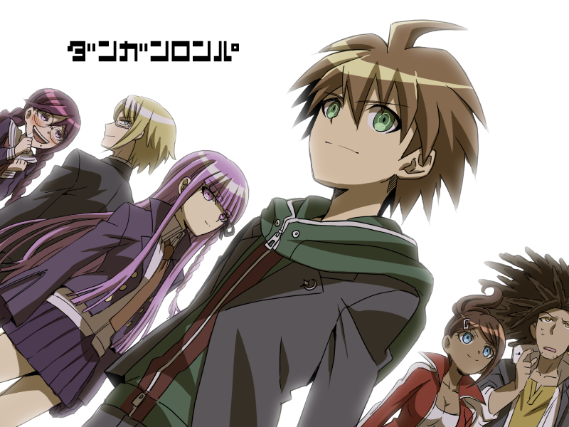 3boys, 3girls, ahoge, asahina_aoi, braid, brown_hair, dangan_ronpa, fukawa_touko, glasses, green_eyes, hagakure_yasuhiro, kirigiri_kyouko, kiriku_(nakuro), multiple_boys, multiple_girls, naegi_makoto, necktie, school_uniform, togami_byakuya, twin_braids