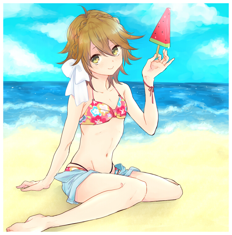 1boy, ahoge, beach, bikini, braid, brown_hair, dangan_ronpa, food, fruit, fujisaki_chihiro, hino_(gonta523), ribbon, short_hair, smile, swimsuit, trap, watermelon, yellow_eyes