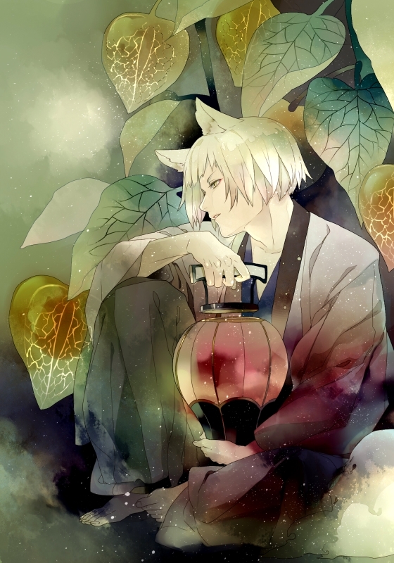 1boy, animal_ears, chinese_lantern, flower, japanese_clothes, lantern, leaf, male, original, saiga_tokihito, solo, white_hair