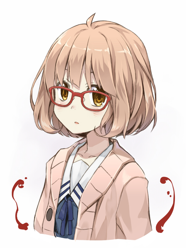 1girl, ahoge, blood, blush, cardigan, glasses, kuriyama_mirai, kyoukai_no_kanata