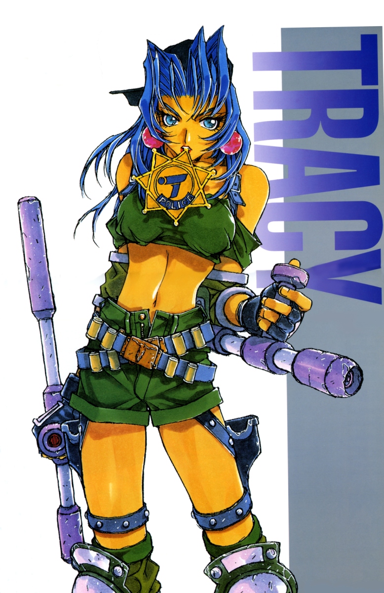 1girl, 90s, badge, battle_arena_toshinden, biting, blue_eyes, blue_hair, character_name
