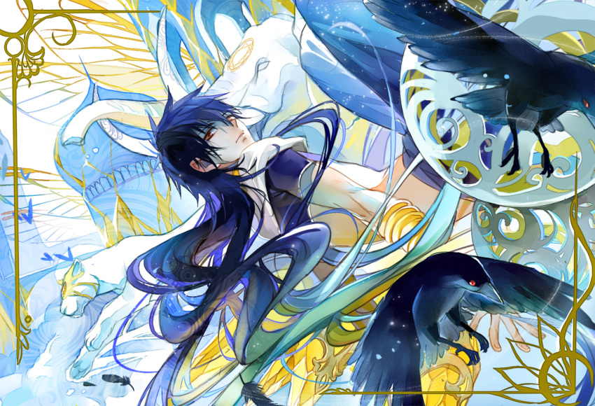 1boy, alternate_hairstyle, aqua_hair, bird, black_hair, blue_hair, border, brown_eyes, crop_top, crow, east_asian_architecture, elephant, feathers, floating, hair_down, harem_pants, jewelry, judal, long_hair, looking_over_shoulder, magi_the_labyrinth_of_magic, male, midriff, multicolored_hair, niaoniaoyoo, panther, tusks, very_long_hair, wrist_cuffs