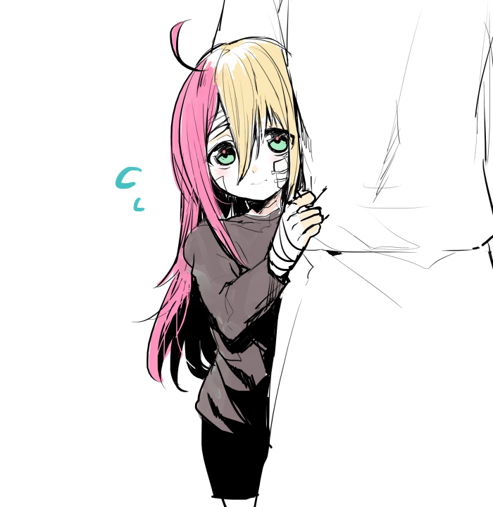 1boy, ahoge, androgynous, bandages, bandaid, blonde_hair, embarrassed, erubo