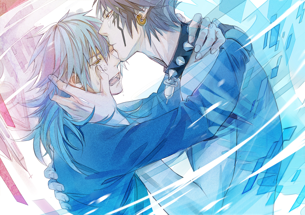 2boys, black_hair, blue_hair, bust, collar, couple, crying, crying_with_eyes_open