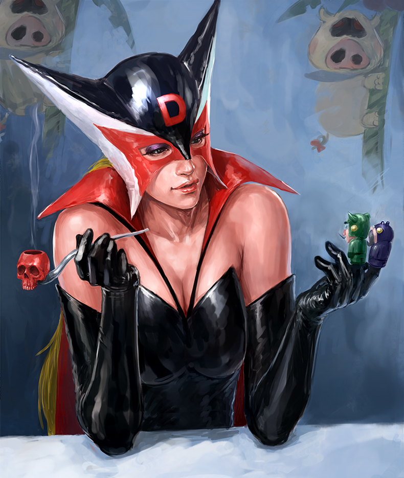 1girl, doronjo, elbow_gloves, finger_puppet, gloves, kiseru, latex, mask