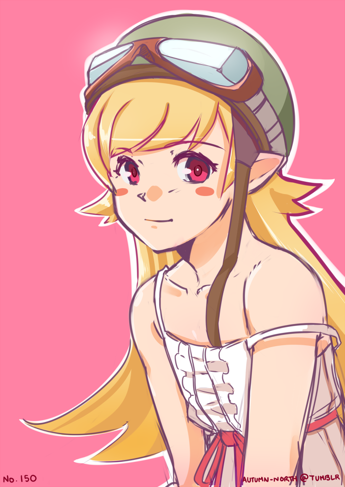 1girl, autumn-north, bakemonogatari, blonde_hair, blush_stickers, dress, flat_chest, goggles