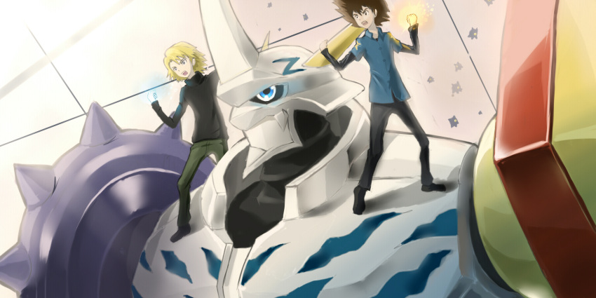 armor, blonde_hair, blue_eyes, brown_hair, digimon, digimon_adventure, dk_(13855103534), glowing