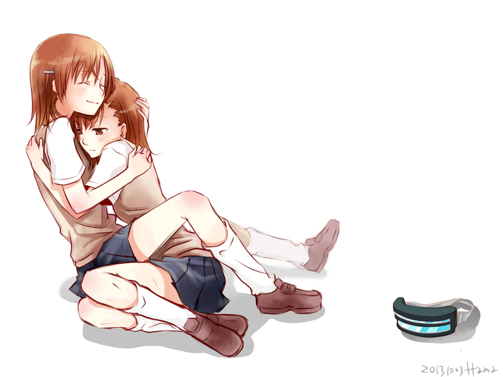 2girls, brown_eyes, brown_hair, closed_eyes, hair_ornament, hairpin, hug, lllllsual, misaka_imouto, misaka_mikoto, multiple_girls, school_uniform, skirt, to_aru_kagaku_no_railgun, to_aru_majutsu_no_index