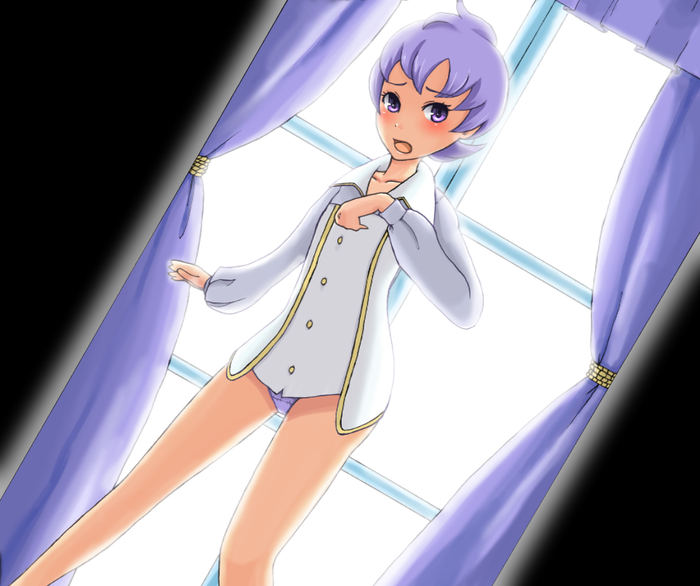 1girl, curtains, dutch_angle, embarrassed, lavender_hair, lila_(pokemon), no_pants, panties