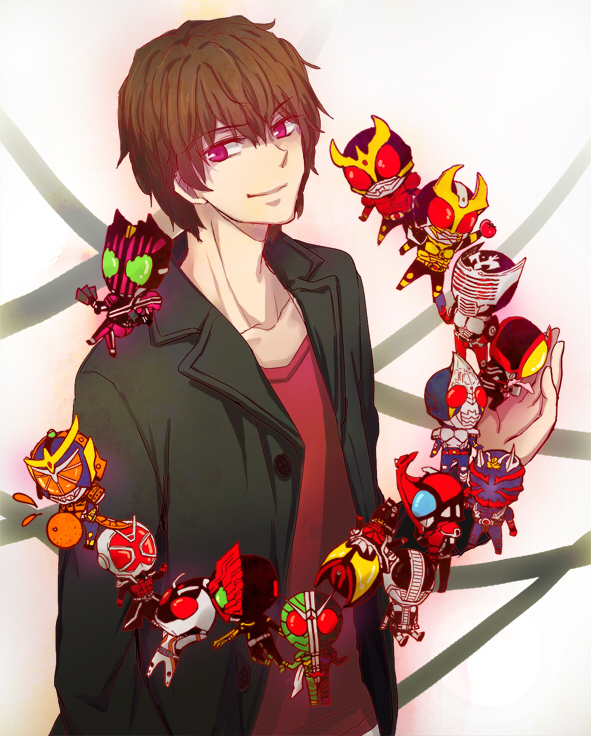 6+boys, arms_up, belt, brown_hair, everyone, food, fruit, horn