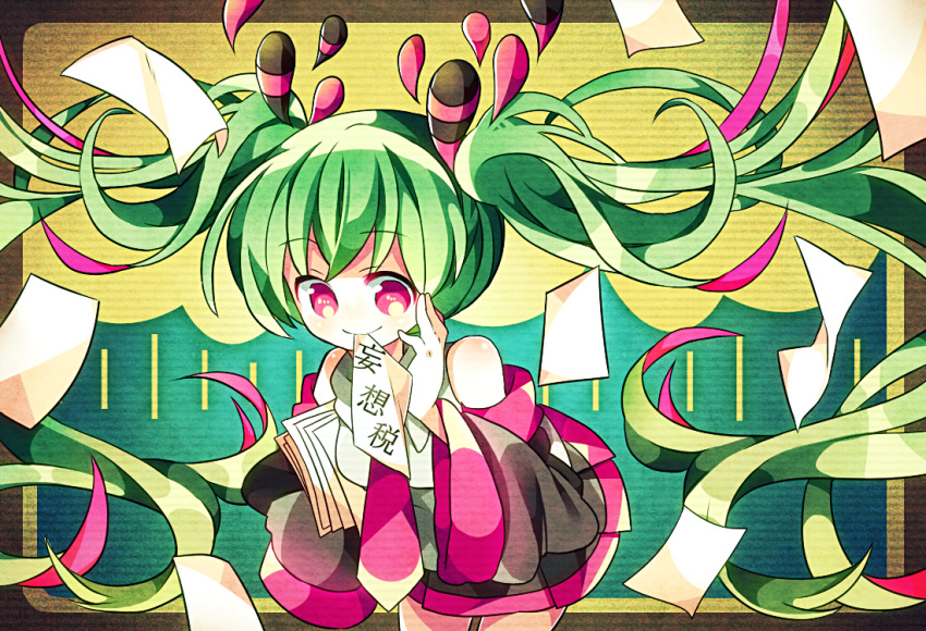 1girl, detached_sleeves, floating_hair, green_hair, hatsune_miku, hotori, long_hair, mouth_hold