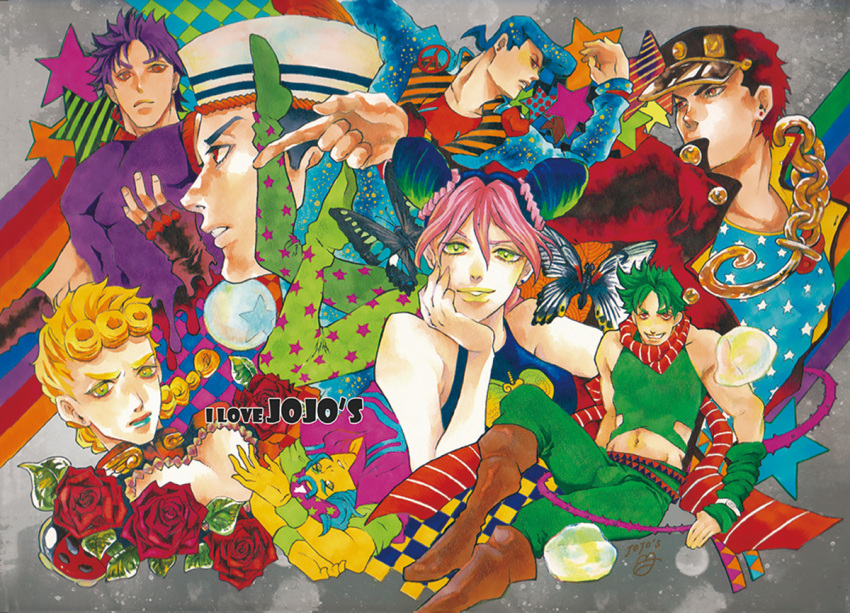 1girl, 6+boys, bubble, butterfly, chain, eat666, family, flower