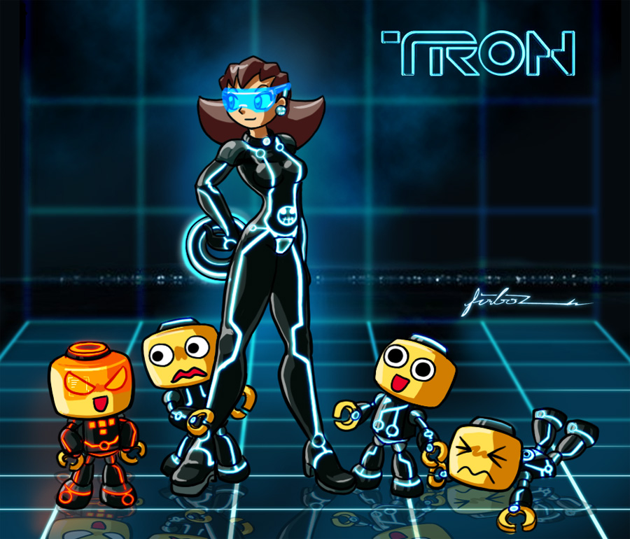>_<, 1girl, bodysuit, brown_hair, disc_(tron), earrings, fallen_down, furboz