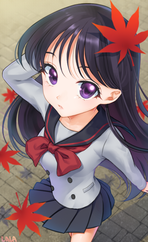 1girl, bishoujo_senshi_sailor_moon, black_hair, essence_(swtmiss), hino_rei, long_hair, perspective, school_uniform, serafuku, violet_eyes