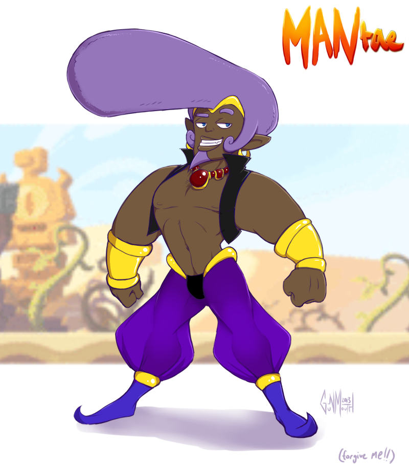 1boy, 2013, abs, blue_eyes, bouffant, clenched_hands, dark_skin, dated, earrings, genderswap, gunmouth, jewelry, male, mantae, navel, necklace, parted_lips, pointy_ears, pun, purple_hair, shantae, shantae_(character), signature, smile, solo, standing, tagme