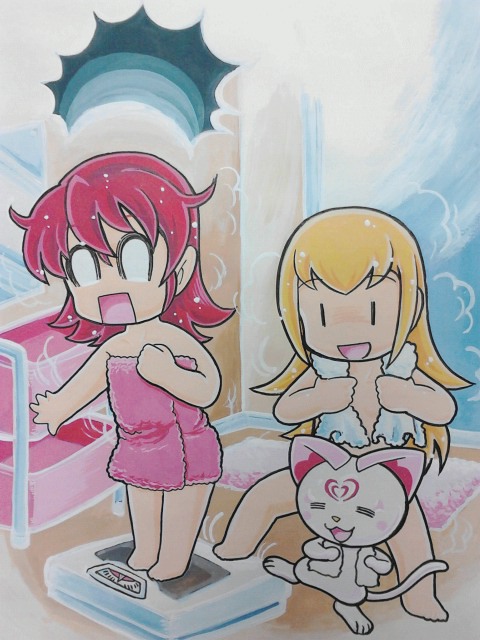 /\/\/\, 2girls, :d, =_=, after_bath, aida_mana, blonde_hair, cat