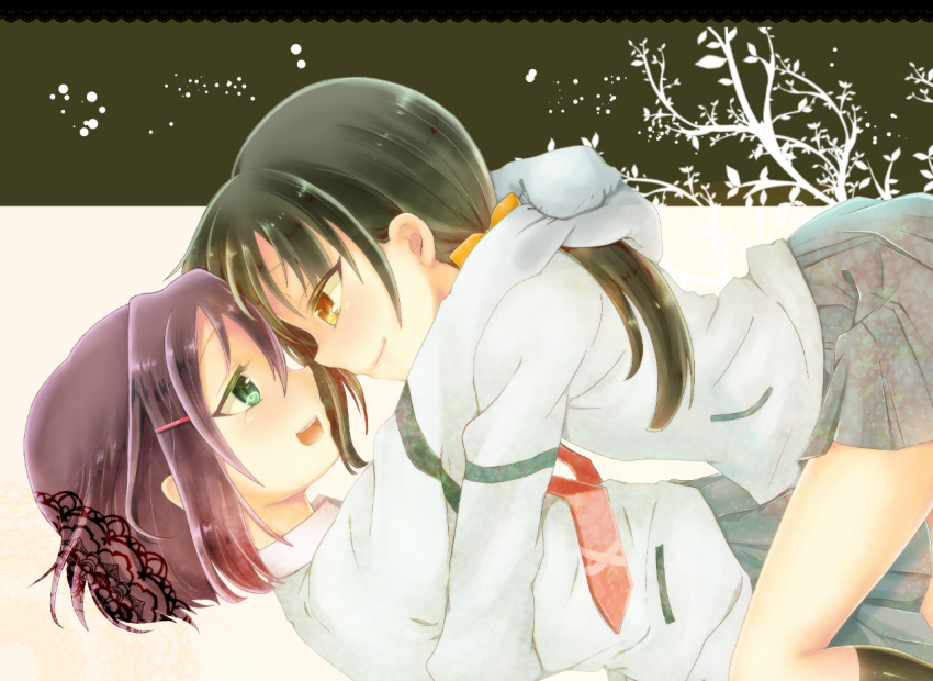 2girls, blush, brown_eyes, brown_hair, cardigan, couple, eye_contact, green_eyes