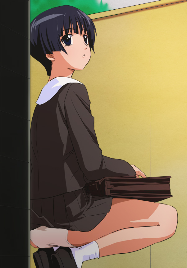 1girl, blue_eyes, blue_hair, hanakain_miki, haruyama_kazunori, panties, school_uniform, short_hair, skirt, socks, solo, squatting, tenshi_na_konamaiki, underwear